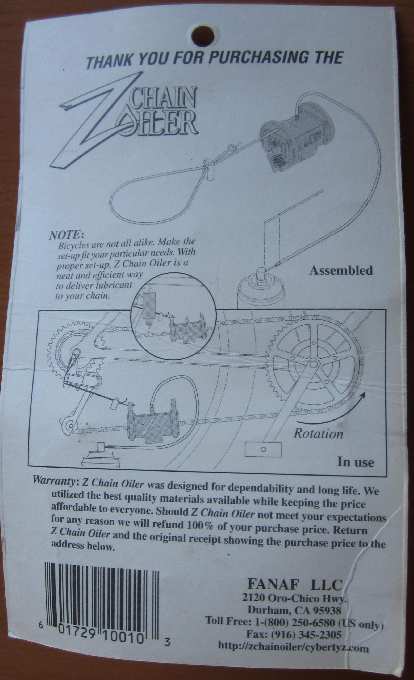 The back of the package for the Z Chain Oiler explaining how to use it.