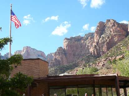 American flag waving in Zion Canyon.