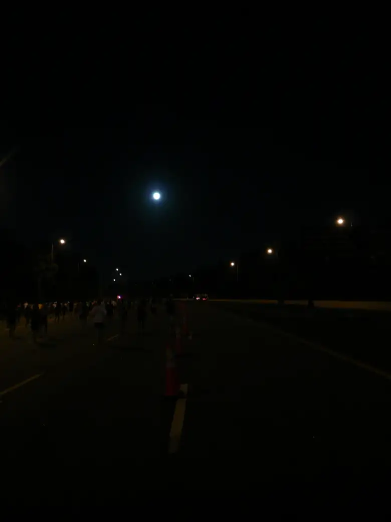 [Mile 4, 6:32 a.m.] A full moon lit up Epcot Center Dr.