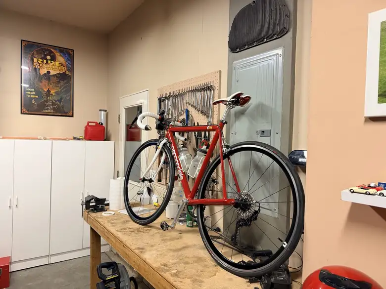 My Cannondale R500—whose frame was made in 1992—all ready to go on the workbench.