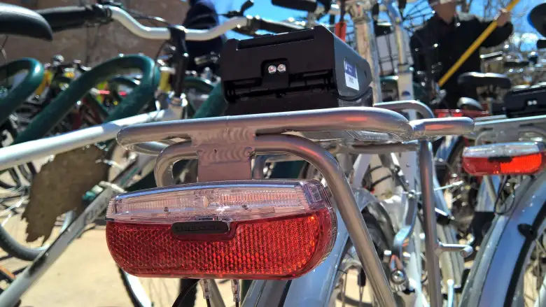 Rear taillight on Zagster city share bicycle. Rear taillight on Zagster city share bicycle.