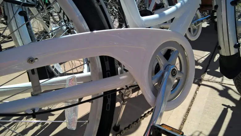 Chain guard on Zagster city share bicycle. Chain guard on Zagster city share bicycle.