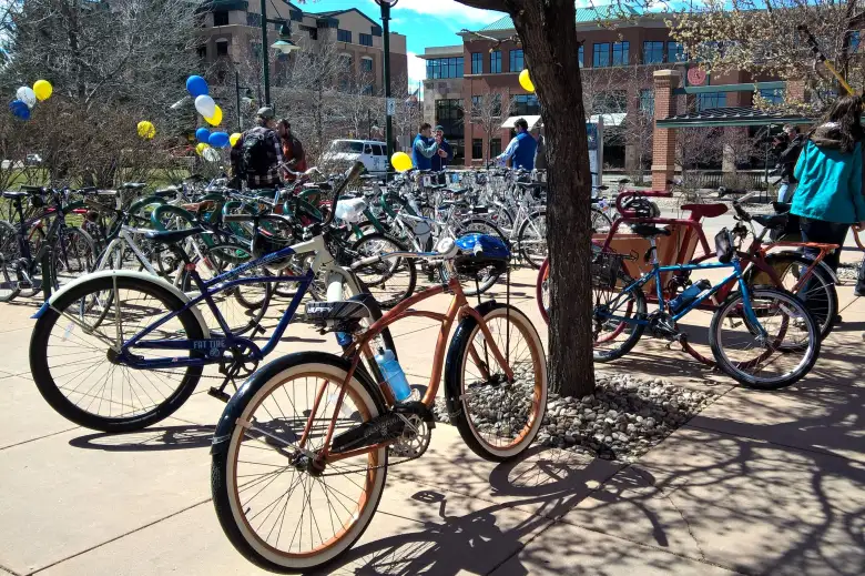 I rode the Huffster during the ceremonial Fort Collins city bike share parade. burnt orange 2012 Huffy Cranbrook cruiser bicycle, other bikes, Fort Collins bike share ceremony