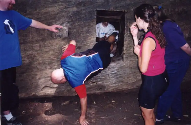 Now in memorial Park, here is Mike getting out of a tree. (!)