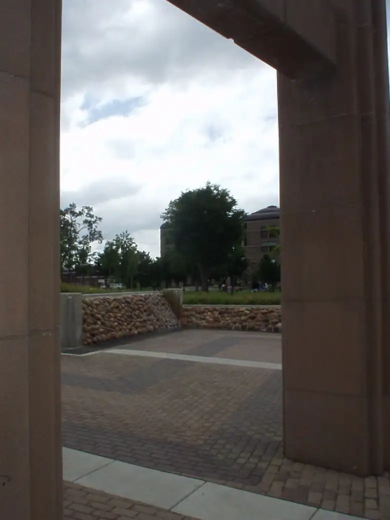 View of downtown through some columns.