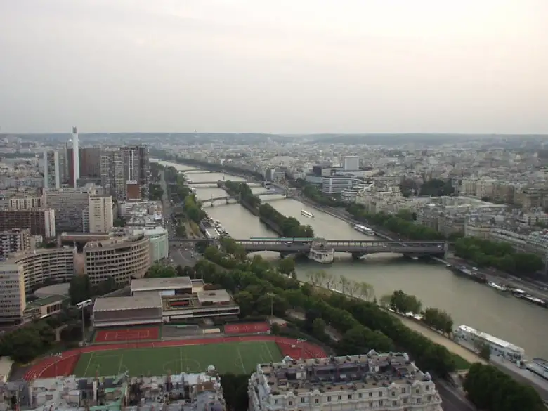The southwestern view of the Seine from the Eiffel Tower.