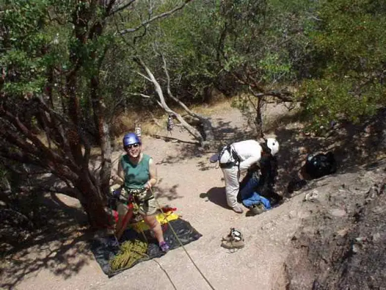 Vinita and I met up with Suzie and Loren at The Sisters.  Here's Suzie belaying Loren and Vinita getting ready to climb.