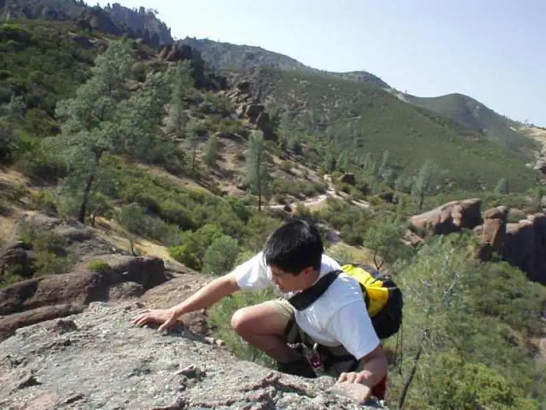 Loren coming up the backside of Tiburcio's X, which he and I had to freeclimb (Class 4) in order to set up a top belay.
