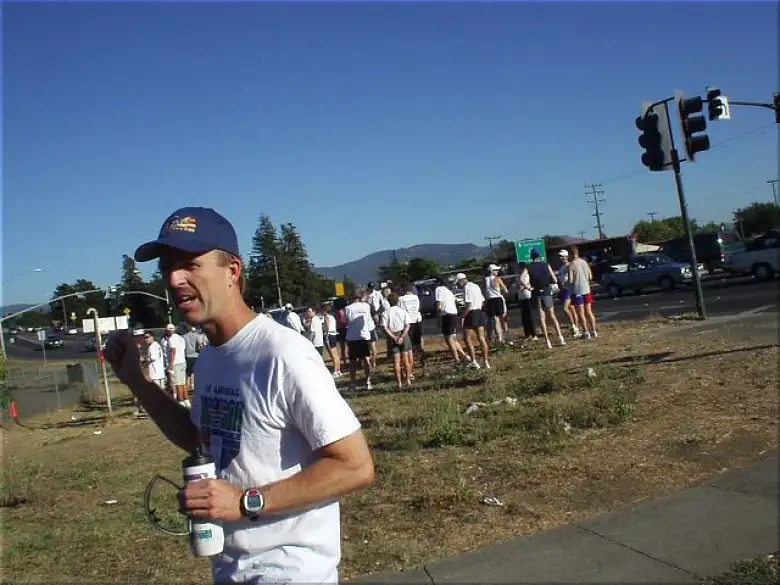 [Mile 30.5, 3:56 elapsed, 4:26 p.m.] Mile 30.5 marked the first van exchange at a church.  Here's Steve.