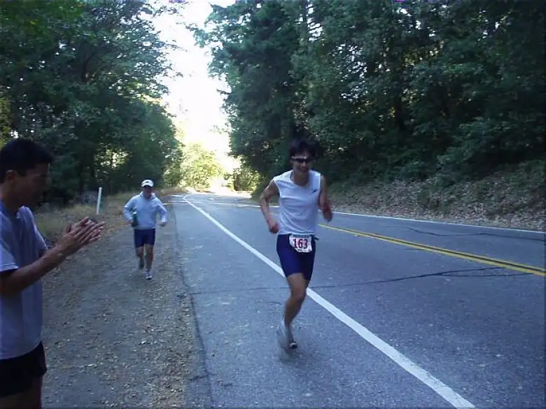 [Mile 164, 22:44 elapsed, 11:14 a.m.] Here's Everitt midway up the grueling, all-uphill leg  on Highway 9 from Redwood Gulch to Saratoga Gap.
