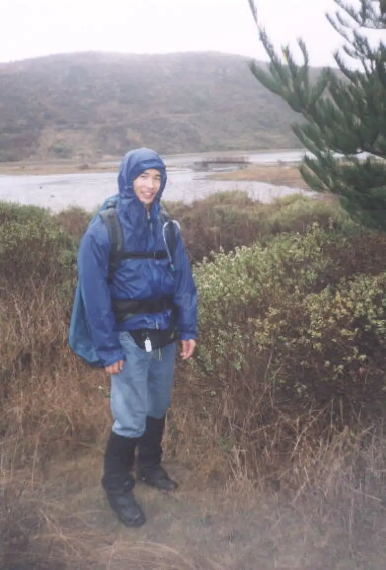 [Point Reyes, Nov 2001] During this day hike, Sarah would constantly tease me about just how much stuff I had brought in my pack!  