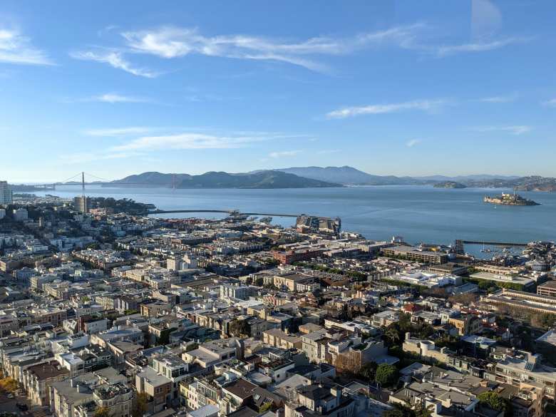 You can see how far Alcatraz is from Crissy Field, which is close to the left end of the Golden Gate Bridge.