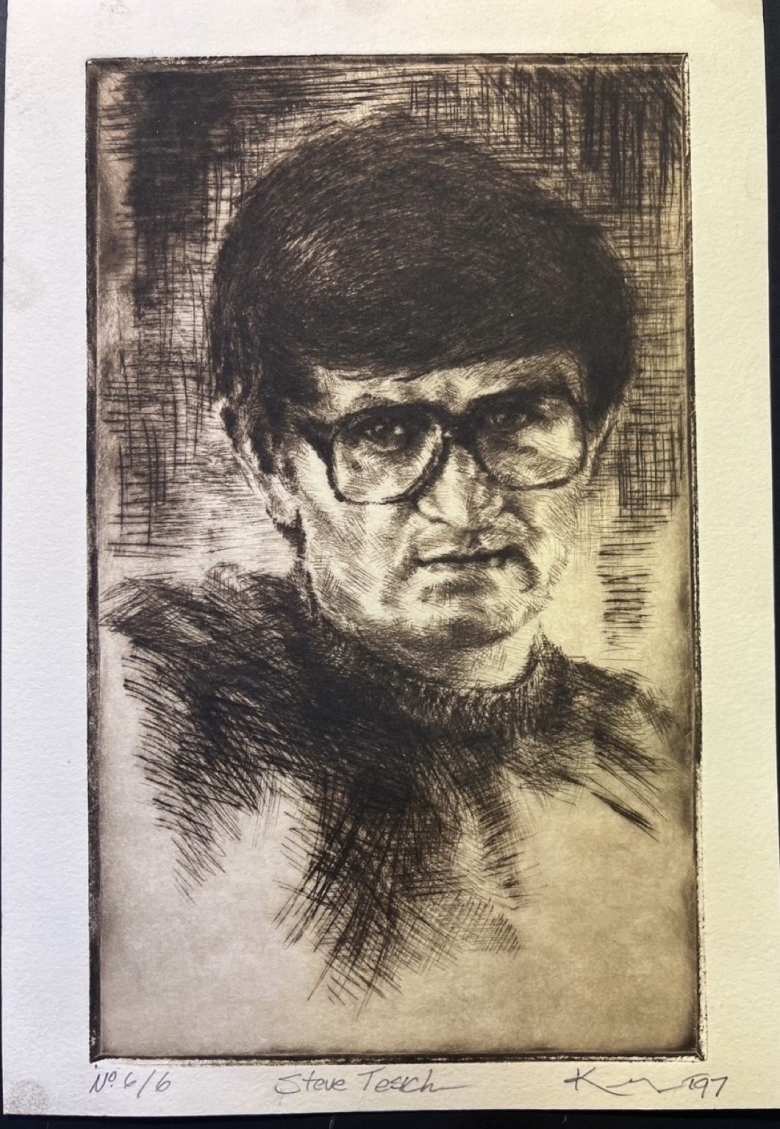 The sixth of six limited-edition strike-offs of a portrait of Steve Tesich. The artist was Kent Talmage Bowers, who was commissioned by Bob Shaver.