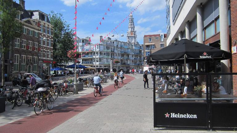 Typical Amsterdam: red bike trails and Heineken.
