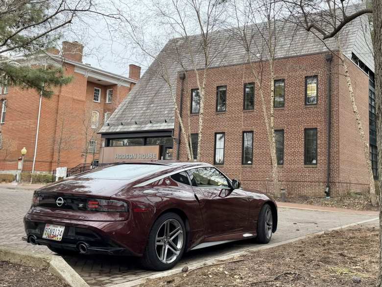 A Nissan Z in a nice burgundy color at St. John's College.