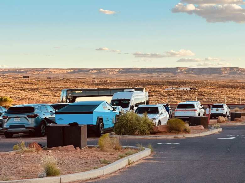 A blue Tesla Cybertruck in the parking lot of Horseshoe Bend. A blue Tesla Cybertruck in the parking lot of Horseshoe Bend.