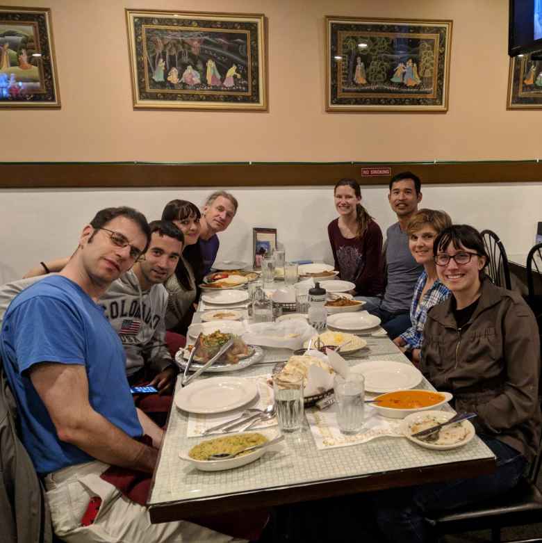 E, Antxon, Vicky, Matt, Hannah, Felix, Mel, and Angela at the Taj Mahal restaurant in Fort Collins. This would be the first time Antxon and Vicky ever tried Indian food.