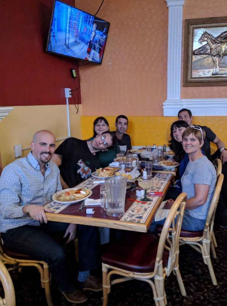 Manuel, E, Vicky, Antxon, Felix, Angela, and Mel at dinner at restaurant Pueblo Viejo on the Cinco de Mayo.