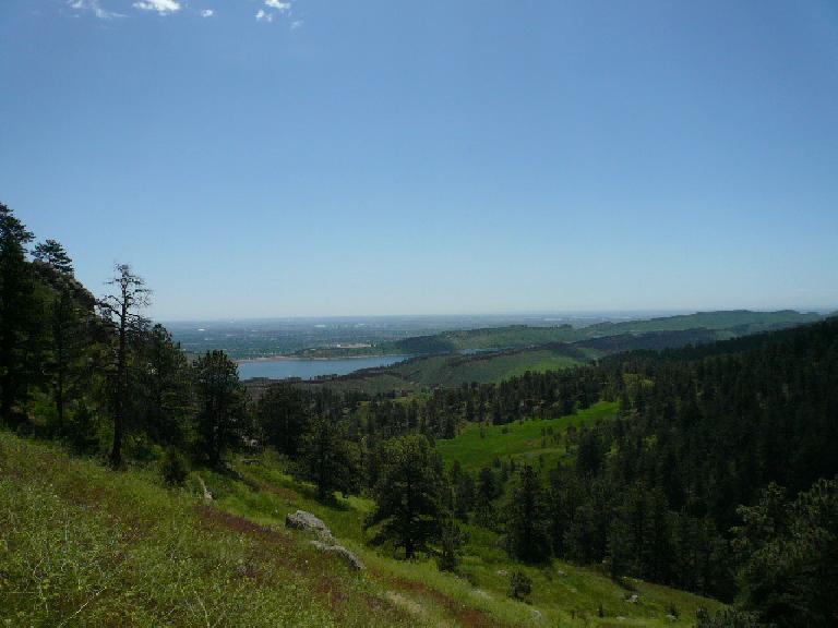 View of the Horsetooth Reservoir and Ponderosa Pine forests below.