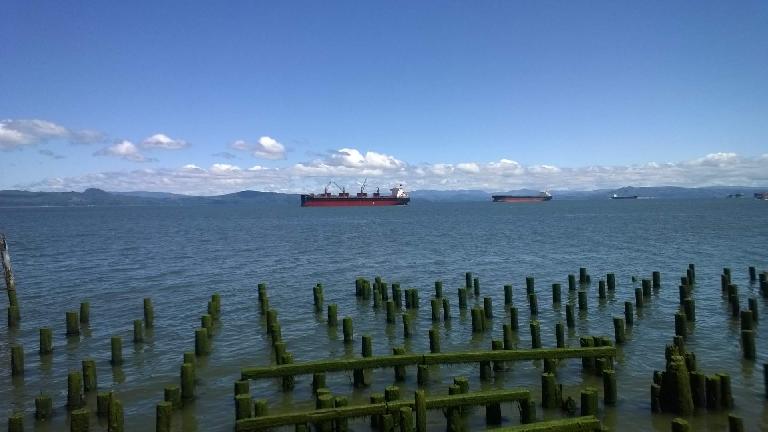 Ships in the Columbia River as viewed from Astoria, Oregon. ships in the Columbia River viewed from Astoria, Oregon