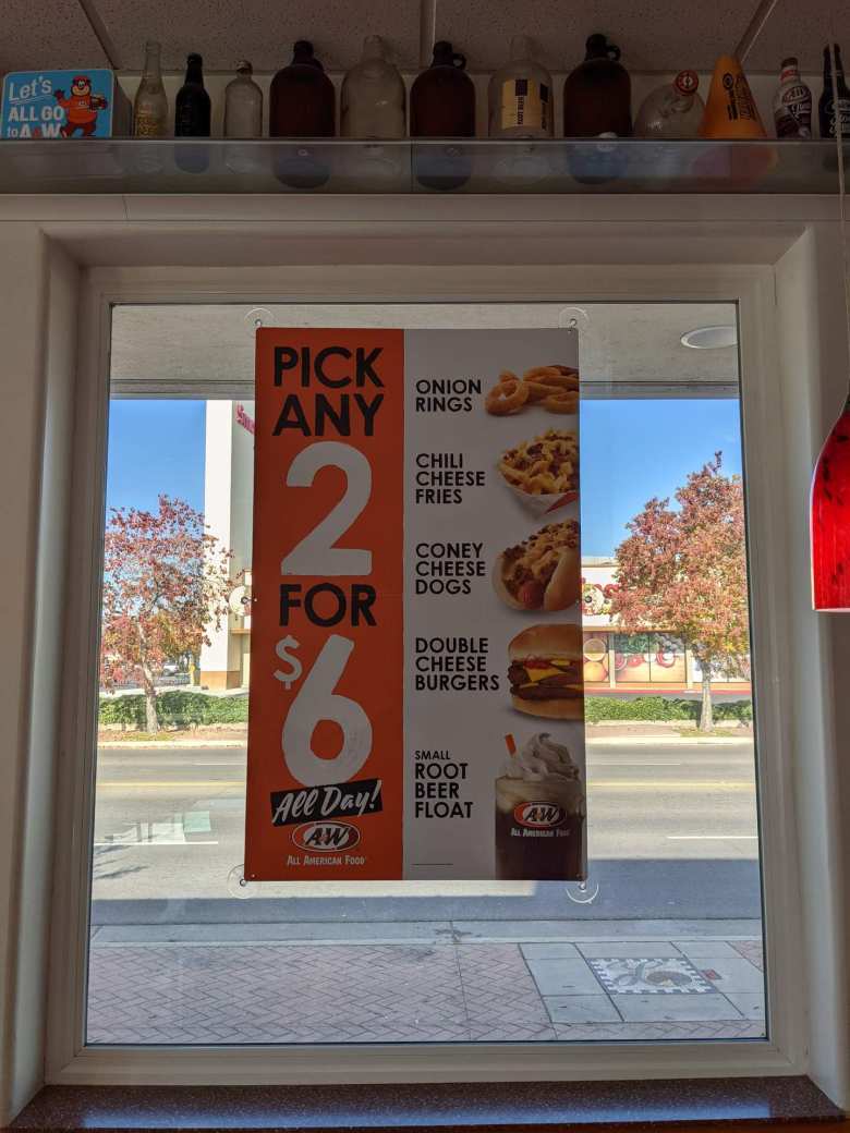 Other food items at A&W Restaurant included onion rings, chili cheese fries, coney cheese dogs, and double cheese burgers.