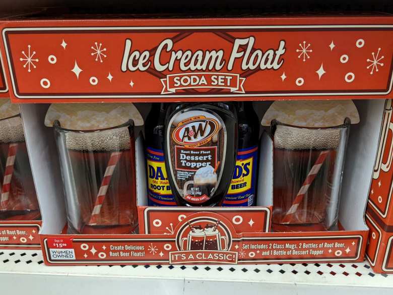 An ice cream float soda set featuring A&W dessert topper, as seen in Walmart in Fort Collins, Colorado.