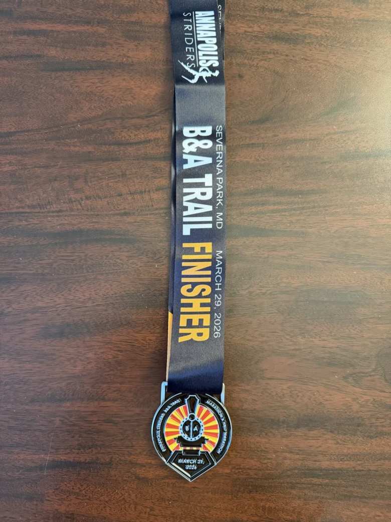 The B&A Trail Marathon finisher medal.