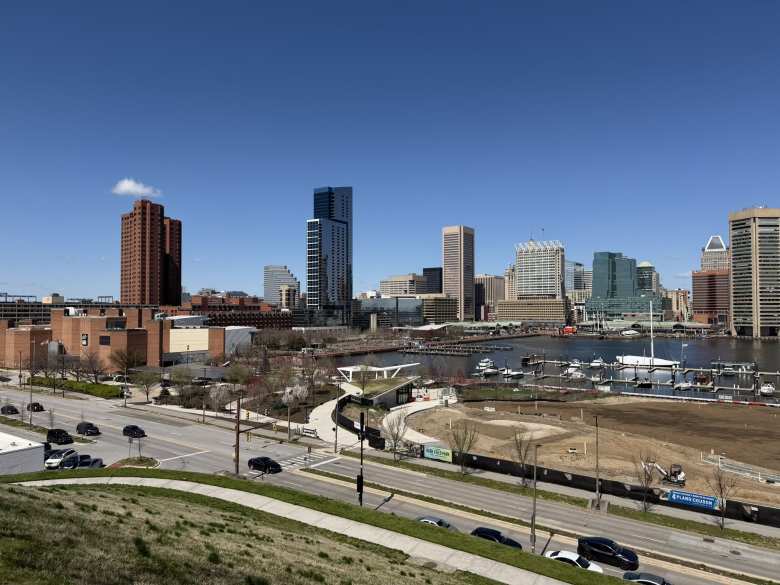 The view of Baltimore's skyline from Federal Hill Park.