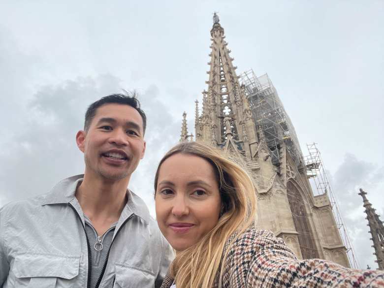 Felix and Andrea on the rooftop of the Cathedral of Barcelona.