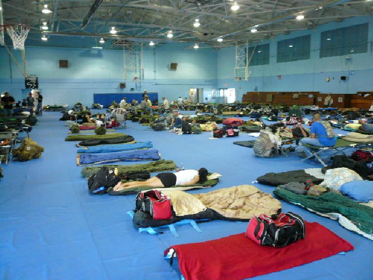 This is where we slept: the gymnasium at the White Sands Missile Base.