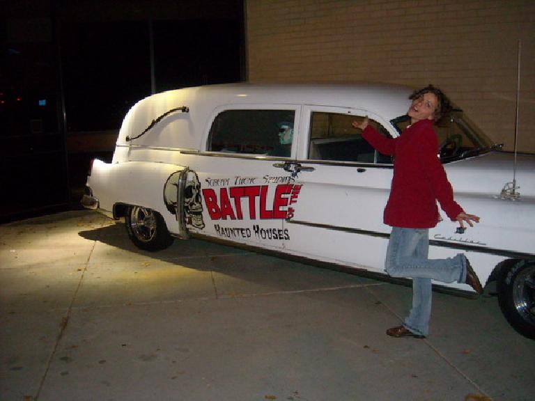 Leah in front of a Hearse outside of Fort Collins' Foothill Mall, where the Battle of the Haunted Houses was being staged.