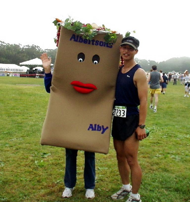 Felix Wong with Albertson's shopping bag named Alby at the end.