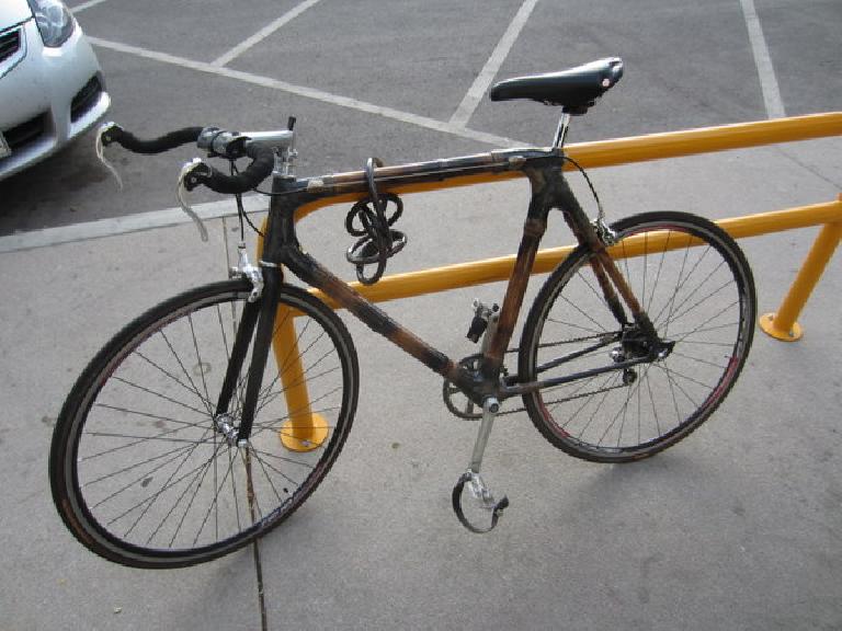 A bamboo bicycle outside the Bean Cycle in Fort Collins.
