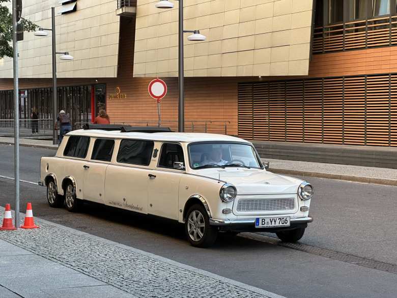 A white Trabant limousine.