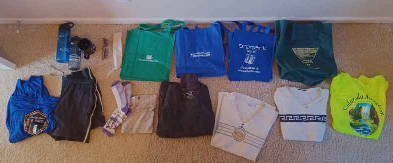 Shirts and cloth bags for donation.