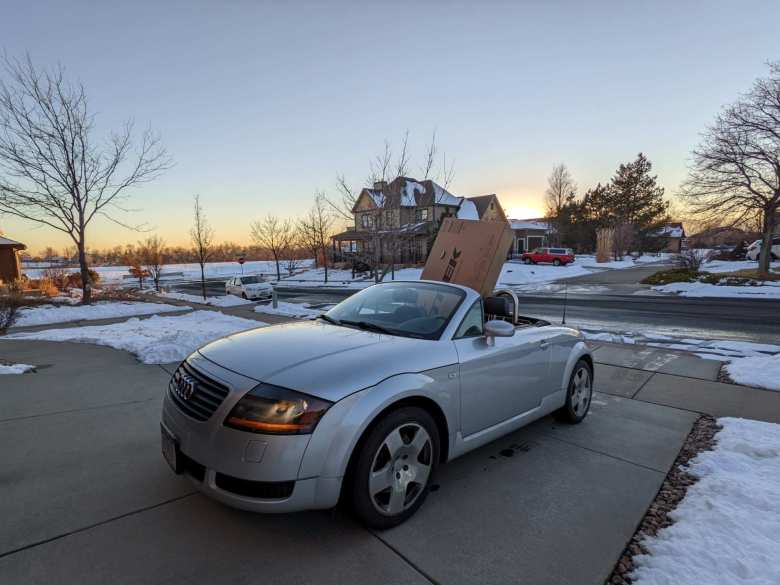 Made it home with the cardboard bicycle box in the Audi TT Roadster.