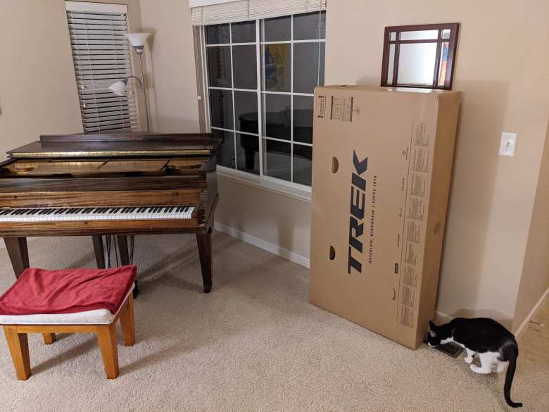 The bike box all packed and ready to ship in the living room of my Colorado home.