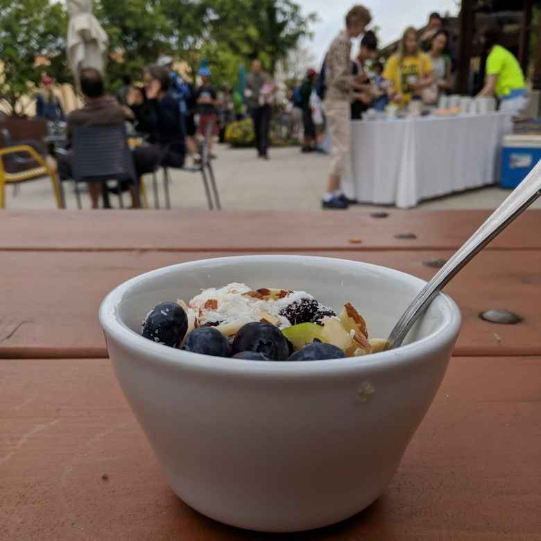 New Belgium Brewery was giving out free quinoa with fruit and nuts. I was impressed they were using ceramic bowls and stainless silverware.
