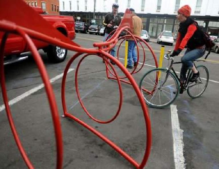 The New Belgium bicycle racks that are in various places in Old Town Fort Collins.