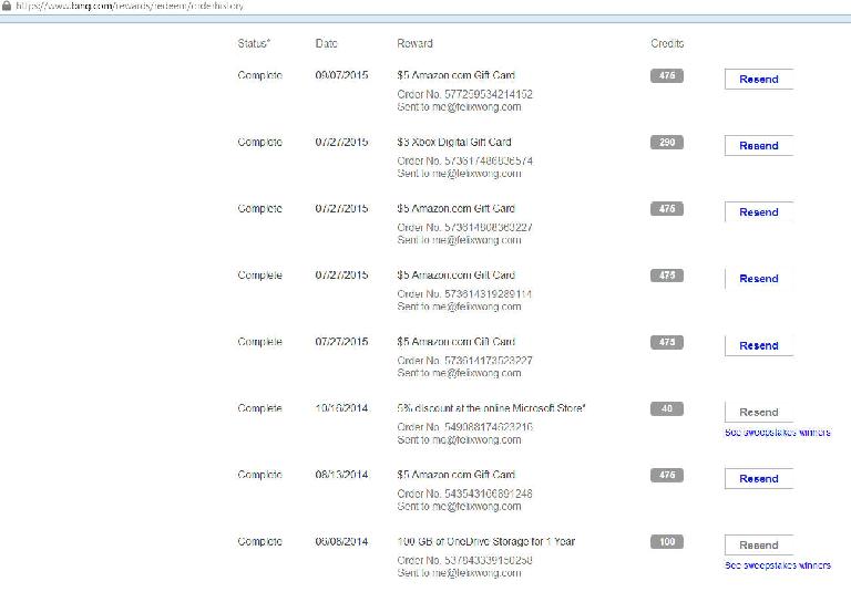 My Bing Rewards redemption history over the last 15 months.