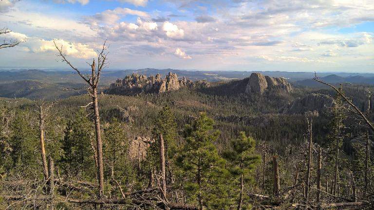 The Cathedral Spires and Little Devils Tower as seen from Harney Peak.