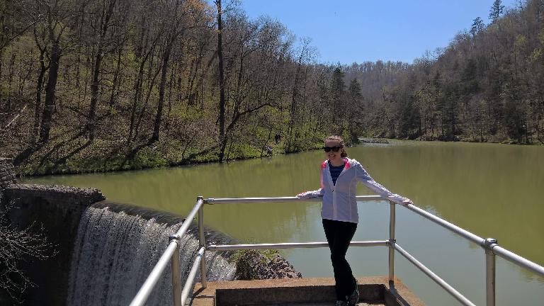 Maureen at the lake and waterfall at Blanchard Springs Recreational Area.