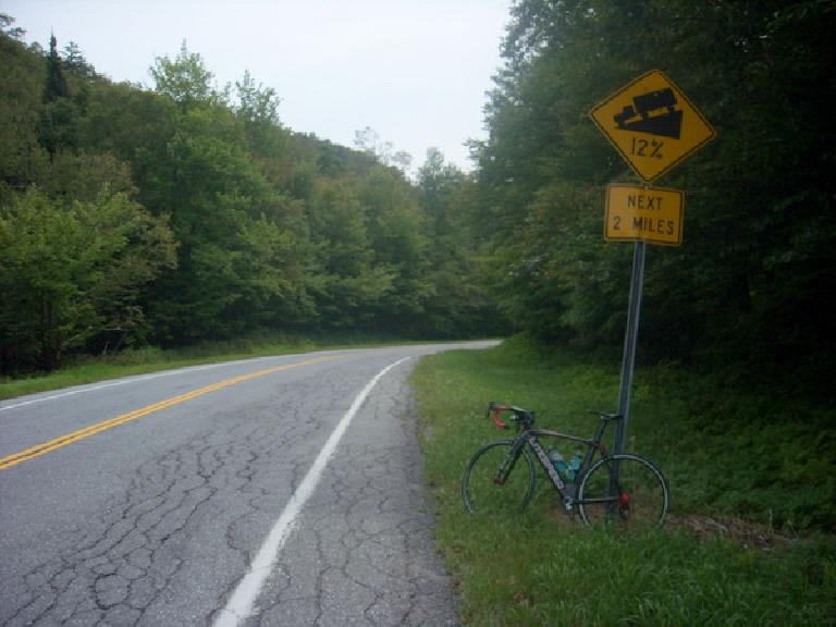 [Mile 535] Made it to the top of Middlebury gap.  Average 12% downhill grade for the next mile or two.