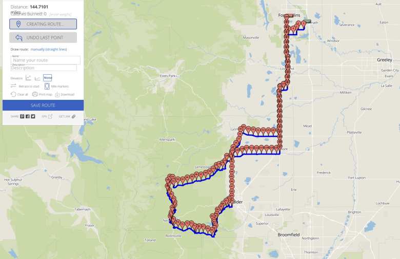 The route we drove from Fort Collins to Boulder, Nederlands, Left Hand Canyon, Longmont, and back to Fort Collins.