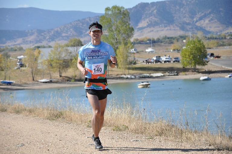 [Mile 15, 11:59 a.m.] Running by the Boulder Reservoir, still feeling fresh.