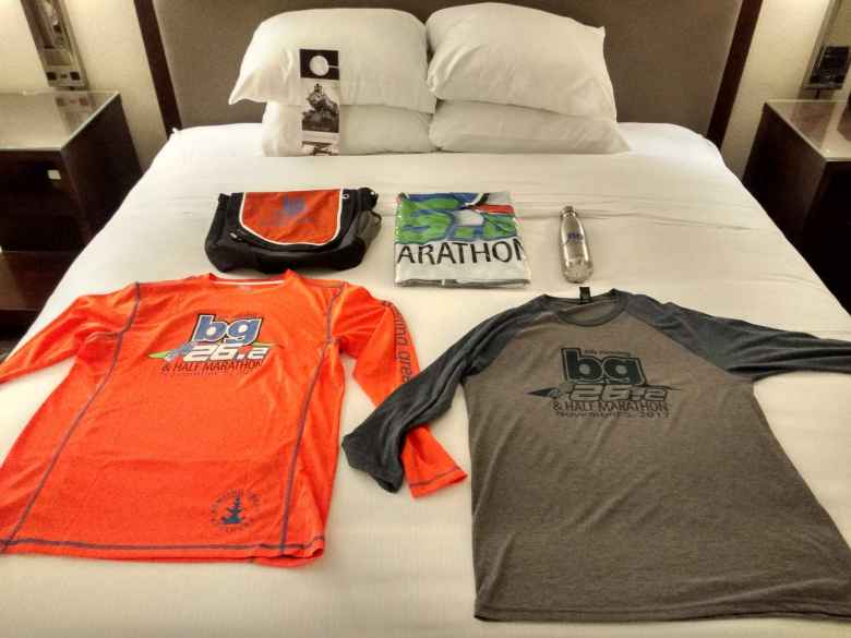 There was lots of schwag given at the Bowling Green Marathon, including a messenger bag, blanket, two shirts, and a stainless steel water bottle.