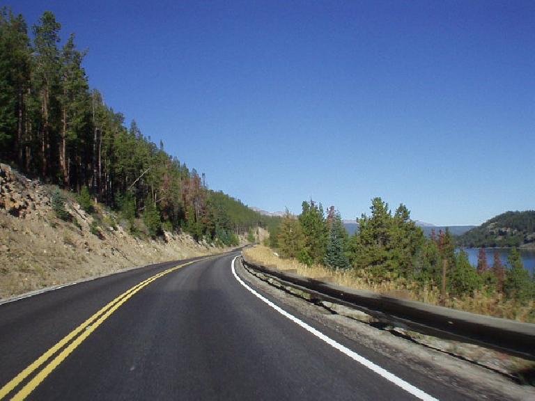 Driving from Dillon to Breckenridge in the early morning with what I think is the Dillon Lake on the right.