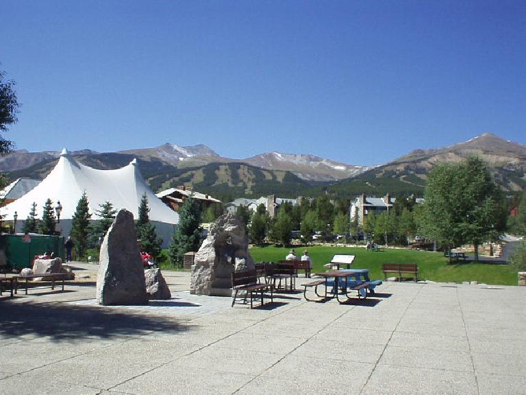 Breckenridge's Riverfront Park is downtown with a great view of the mountains and a river running through it. Breckenridge's Riverfront Park is downtown with a great view of the mountains and a river running through it.