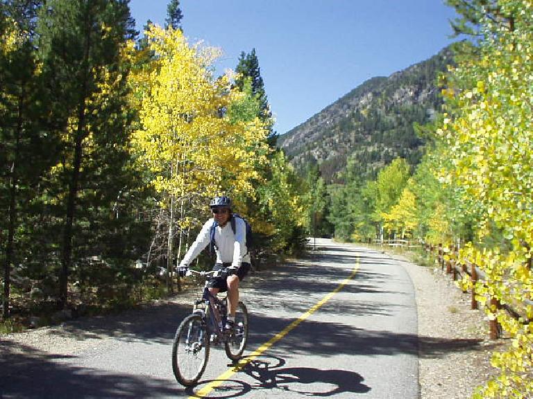 Mike along another glorious stretched lined with yellow and green aspen.
