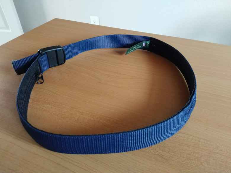 This blue, US-made Thomas Bates hiker travel money belt is my all-time favorite belt with no metal parts.